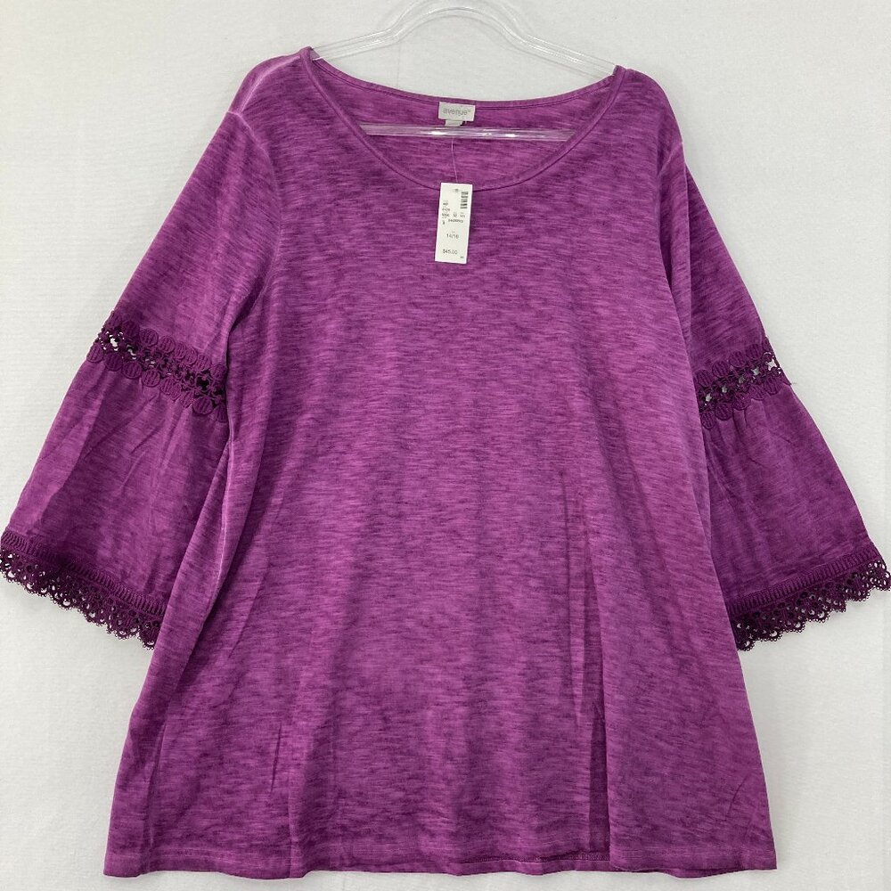 New‎ Avenue Top size 14/16 Purple Stretch Knit Flare Sleeve Lace Boho Festival